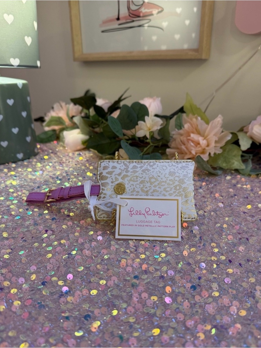 Lilly Pulitzer Gold Metallic Pattern Play Luggage Tag Pink NWT